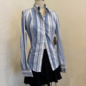 i.e. Women’s Medium Top Blue White Striped 100% cotton Button Up Shirt